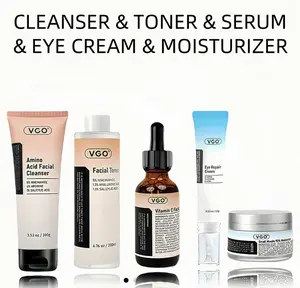 VGO Skincare Five-step Routine Daily Care & Repair Kit for Dry Sensitive Dull Skin Includes Cleanser Toner Serum Eye Cream Moisturizer Gentle Hydrating Set with Amino Acid Facial Cleanser 3.53 fl oz, Facial Toner 6.76 fl oz