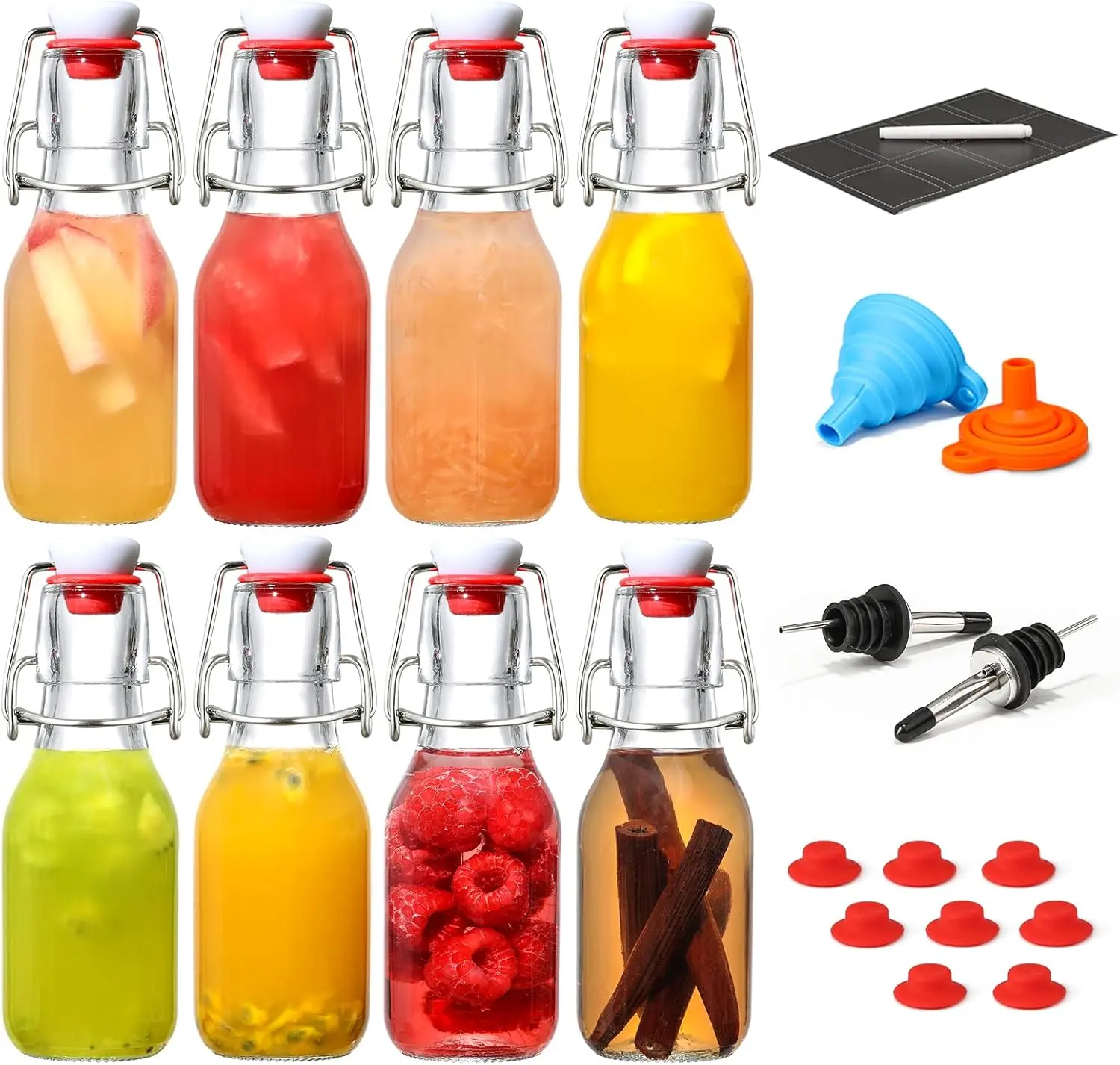 8-Pack 4oz Transparent Stainless Steel Stopper Swing Top Glass Brewing Bottles with Airtight Plastic Cap, for 2nd Fermentation & Kefir, Vanilla Extract, Eggnog, Syrups, Bonus 2 Vanilla Synthetic Pourers, Included Box
