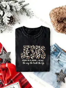 Leopard Print Jesus Bible Verse Tee | The Way The Truth The Life Christian Print | Black Cotton | Casual Vintage Style | Relaxed Fit | Church & Daily Casual Outings | Trendy Faith Based Leopard Print Statement Tee