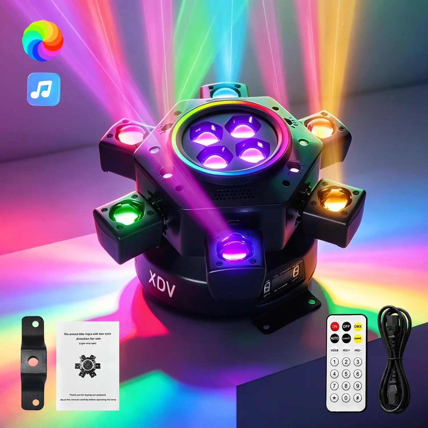 150W Father’s Day 6-Arm Moving Head DJ Stage Light, RGBW LED Beam Lighting with DMX-512 & Sound Activated Modes, Professional Party Lights for Weddings, Live Events, Clubs, and Discos