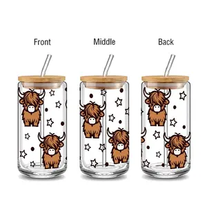Cute Highland Cow Star Print Western Highland Cow Cactus 16oz covered straw glass drinking cup, Tumbler, reusable glass drinking cup, high-quality glass jar design, suitable for iced coffee, beer, juice, milk, cold drink glass cups, fashionable glassware