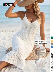 Women's Elegant V-Neck Sleeveless Spaghetti Strap Long Dress, Casual Chic Summer Fashion, Split Thigh Design, Plain Pattern, Fitted Beachwear