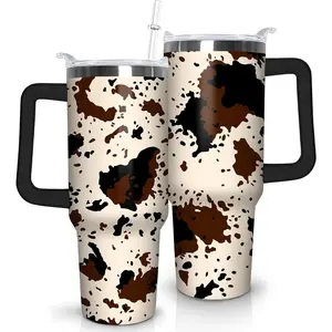 Cow Print Tumbler with Lid and Straw, Stainless Steel 40oz Tumbler with Handle and straw, Cow Print Travel Coffee Mug Water Bottle, Highland Cow Gifts Cups for Women and Girls Flasks Drinkware