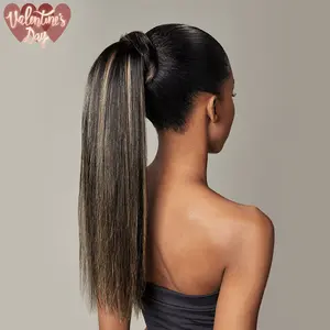 [Clearance Sale] Frodio Ponypop Ash Blonde Highlight Straight Ponytail Hairstyle 100% Human Hair Extension Sleek And Full Ponytail Wig Wrap Around Ponytail - Leslie
