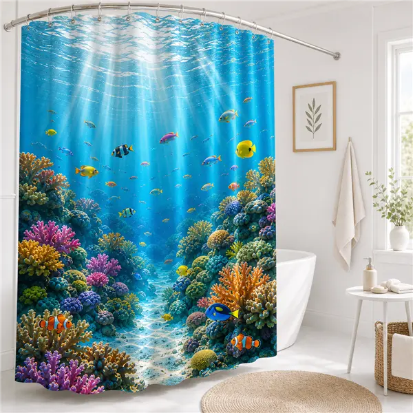 Colorful Coral Reef Shower Curtain, Tropical Fish Underwater World Ocean Bathroom Decor, Waterproof Quick-Dry Bath Curtain, Customizable Design, 12 Hooks Included