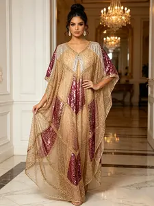 Muslim Embroidered Sequin Kaftan, Large Size Women's Long Dress, Jilbab Style Evening Gown, Traditional Festival Wear, Elegant Middle Eastern Fashion