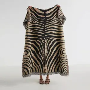 Abstract Zebra Stripe Woven Blanket – Cotton Throw with Fringe, Animal Print Home Decor, Boho Sofa Bed Cover