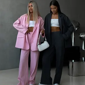 Women's Casual 2-Piece Solid Color Suit, Loose Open Front Blazer With Button Trousers Set