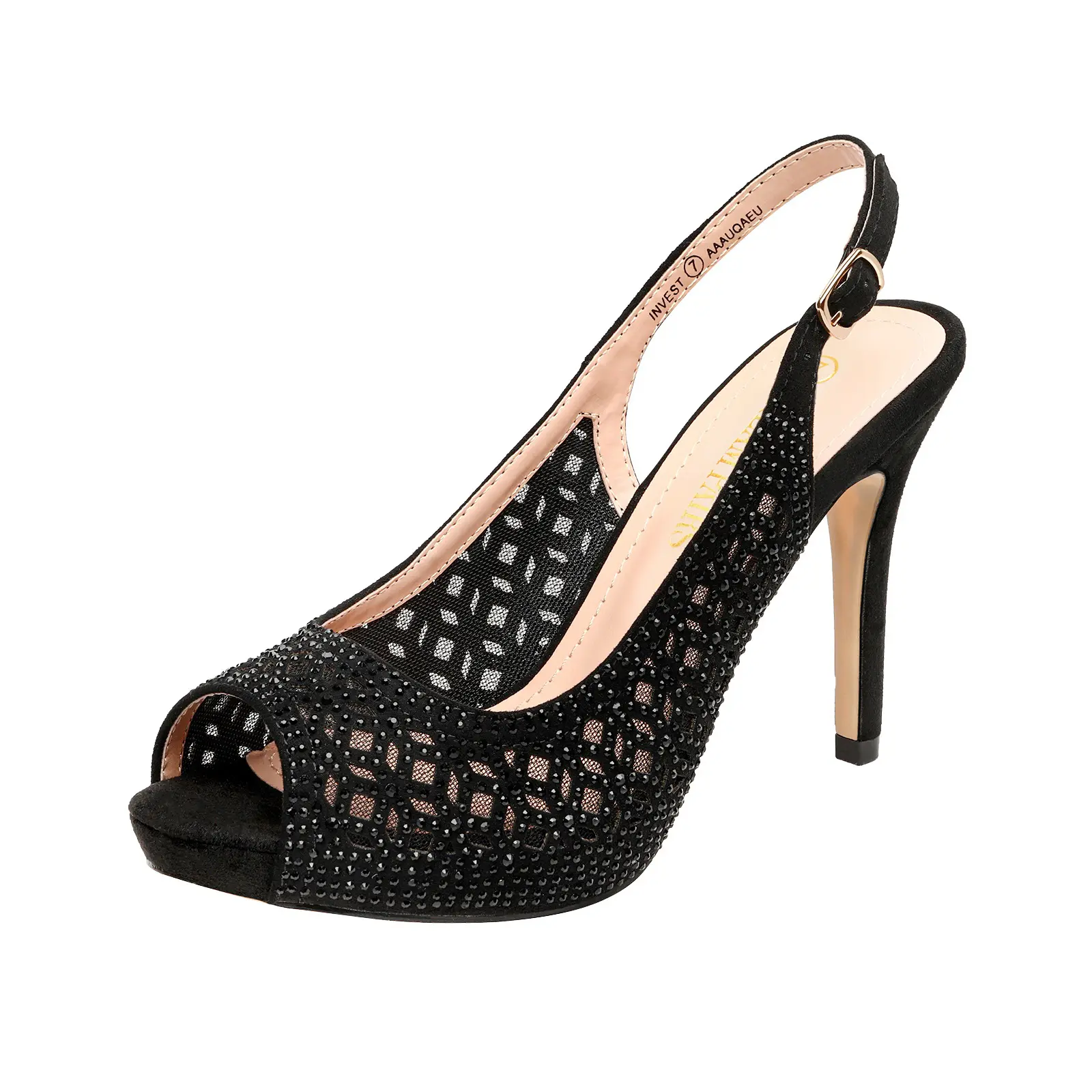 DREAM PAIRS Women's Stylish Rhinestone Peep Toe Stiletto High Heel Footwear - Black Buckle Shoe with Breathable Latex Insole, Mesh Platform, 4 in Heels for Summer Wear
