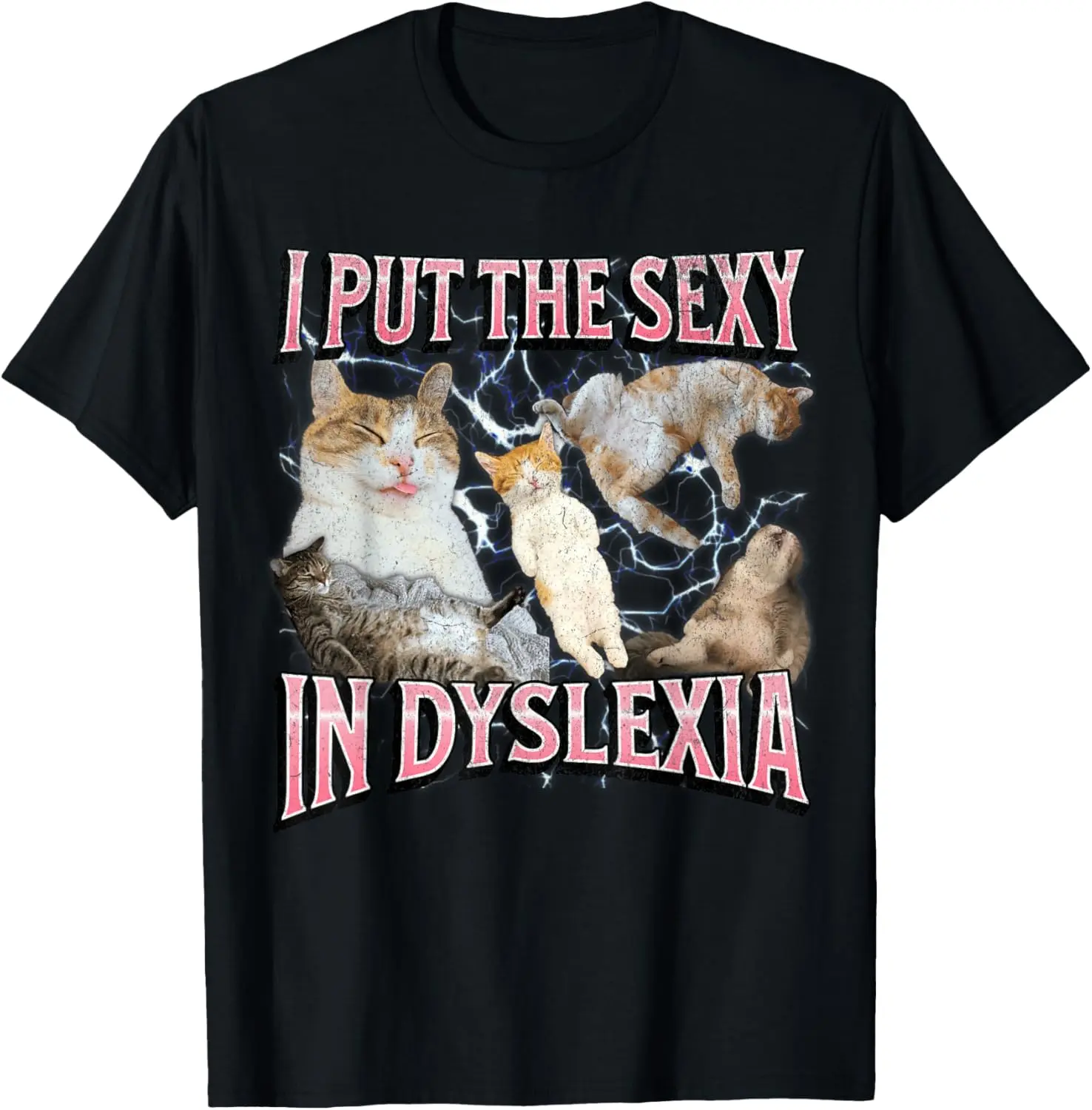 Men's Relaxed Fit Tshirt, Funny "Sexy In Dyslexia" Cat Print - True-to-Size Short-Sleeve Round Neck with Reinforced Stitch, Graphic