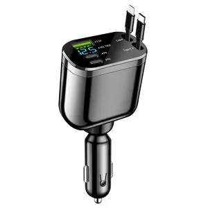 5 in 1 Car Charger, Digital Display Car Charger with 2 Auto-retractable Charging Cables, Multifunctional Car Charger with Voltage Display, USB Car Charger