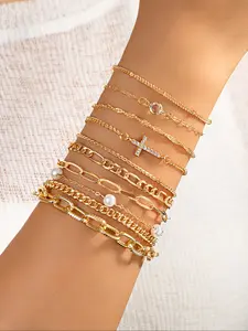 Boho Style Chain Design Cross Pendant Chunky Chain Multi-Layered Women's Bracelet Set, Mix Bracelets, 10 Pieces, Fashion Jewelry Accessories, Bohemian Bracelets