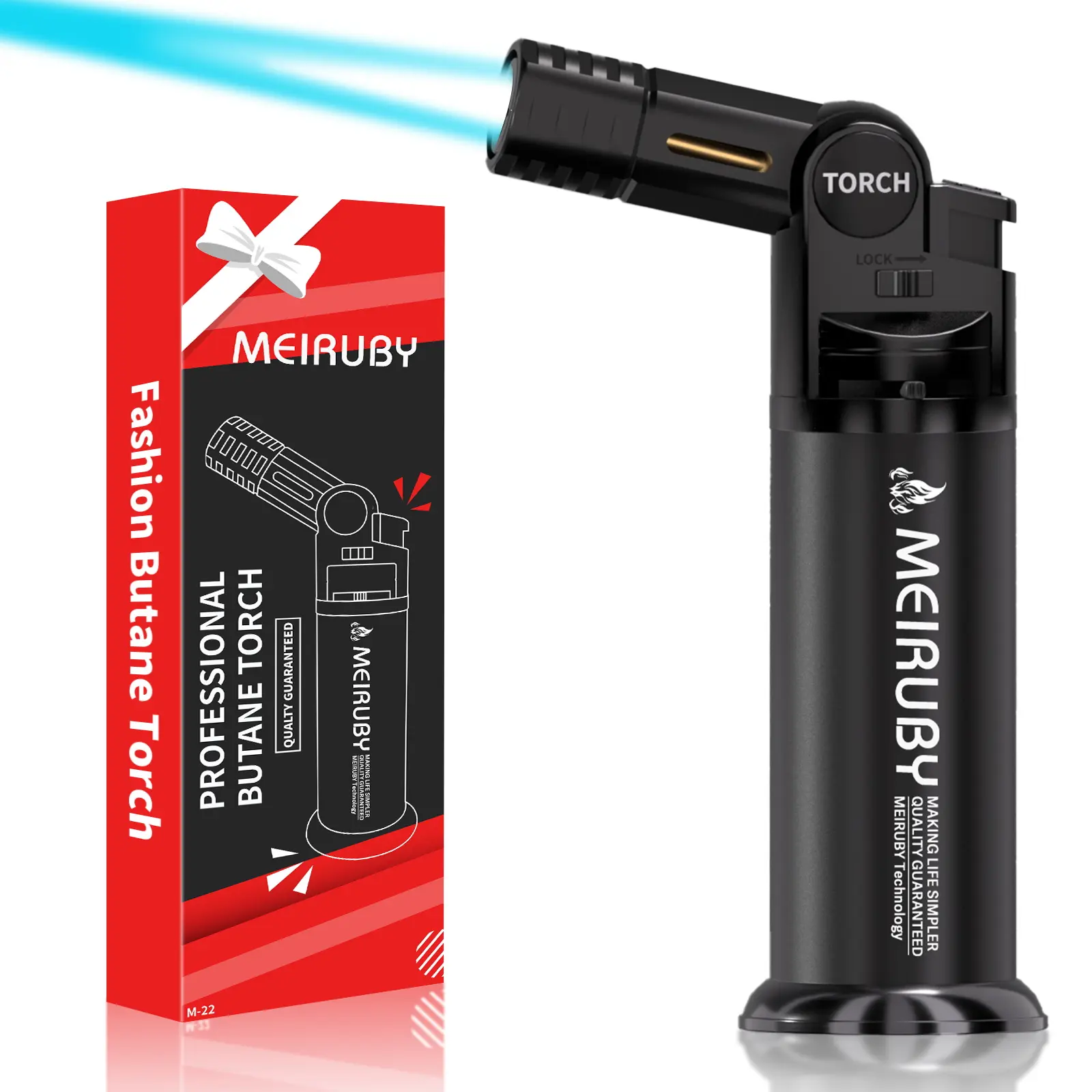 Butane Torch Lighter with Adjustable Jet Flame Head Angle/Safety Lock, Refillable Portable Culinary Blow Torch for Kitchen Cooking, Baking, BBQ, Welding & Camping (Fuel Not Included)