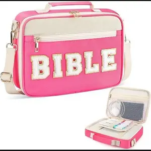 Preppy Polyester Bible Cover Case for Women, Waterproof Tote Bag with Adjustable Shoulder Strap, Chenille Patches, Preppy Look, Fits Bible Study Supplies, Christian Gift (Rose Red) Set