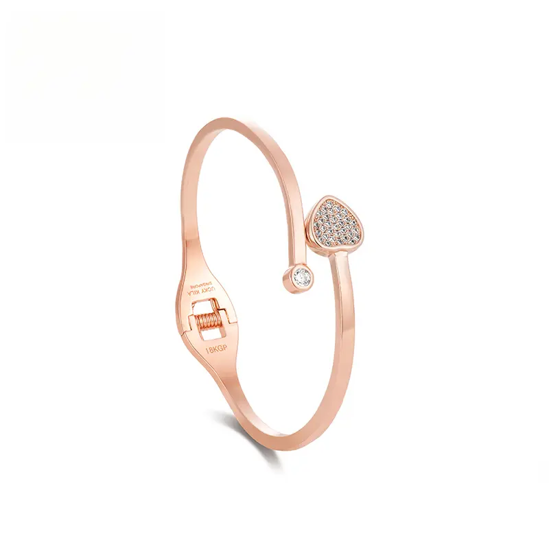 【LUCKY KILA】Elegant Rose Gold Heart Charm Bangle with Diamond Accent 18KGP Luxury Jewelry for Women