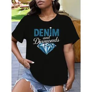Womens Cotton Graphic Tee Denim And Diamonds Rhinestone Look Print Short Sleeve Crew Neck Casual Summer Top Streetwear Outfit For Jeans And Sneakers