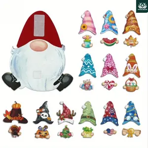Gnome Shaped Wooden Table Decor, 1 Count Interchangeable Wooden Desktop Decoration Figurine with 12 Sets Changeable Velcro Icons, Home Decor for Farmhouse Porch Office