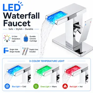 Rust-Resistant LED Stainless Steel Black Waterfall Bathroom Faucet - Safe Single-Hole Single-Handle Vanity Faucet with 3-Color Temperature-Sensitive Light, Durable Ceramic Cartridge, Supply Lines Included for RV Sinks