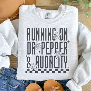 Running On Dr Pepper and Audacity Sweatshirt  - Ash Grey, Sublimation, Comfy Lightweight, Running On Dr. Pepper and Audacity, Petty, Cow-Inspired, Mum-Friendly Sweatshirt