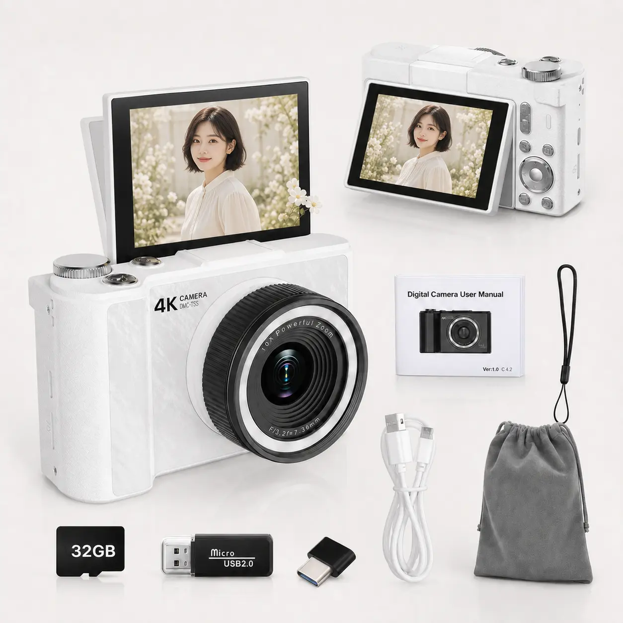 W&O Digital Camera for Photography, Vlogging Camera with 180° Flip Screen, 16X Digital Zoom and 32GB Card, Fill Light,  Easy Point and Shoot Camera for Students and Young Women, Back to School Gift Idea