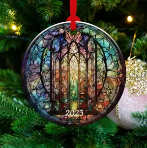 Stained Glass Ornament, 2023 Christmas Decoration, Holiday Gift Idea, Heirloom Keepsake, Round Ceramic, Bauble Present