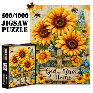 1pc 1000 piece adult puzzle 70x50cm Sunflowers with Bees and "God of Bless Home" Sign 500 pieces paper jigsaw puzzle suitable for DIY creative games for adults and families, birthday and holiday