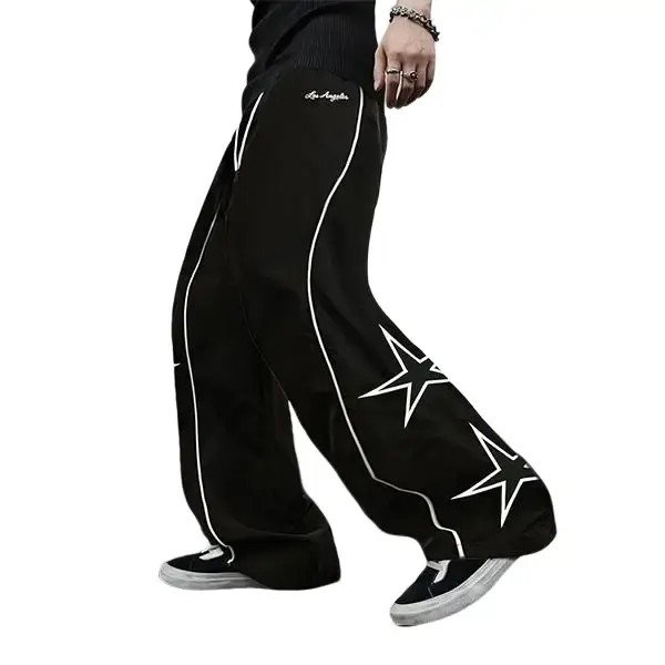 Men’s Y2K star print wide-leg cargo pants, quick-dry stretch fabric, drawstring waist, letter print—an ideal choice for street style, fitness, skateboarding, and everyday wear.
