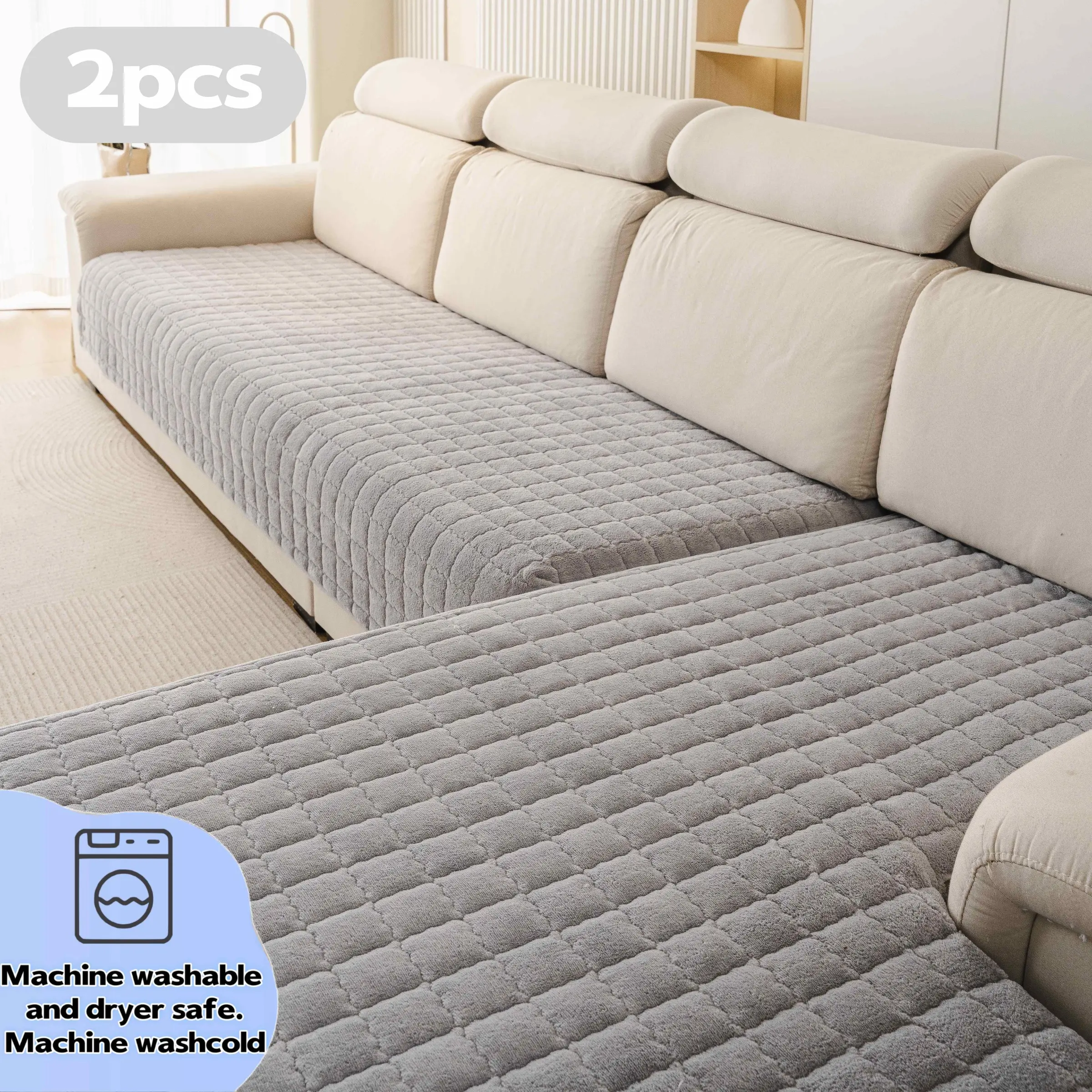 2PCS Plush Quilted Couch Covers,Thick Winter Sofa Covers, Non-Slip Couch Protector, Washable Furniture Protectors, Pet-Friendly Washable & Dryer Safe, Anti-Scratch, Fits 1/2/3/4-Seater, Sectional, L-Shaped & Chaise