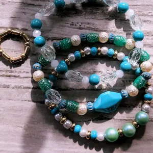 Turquoise and gold boho style beaded bracelet set, Bohemian jewelry, Bracelet stacks