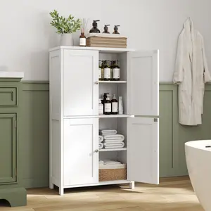 Walsunny Bathroom Floor Storage Cabinet White Freestanding Unit with 4 Doors 11.8x23.6x43.3 Inches Organizer for Books & Decor