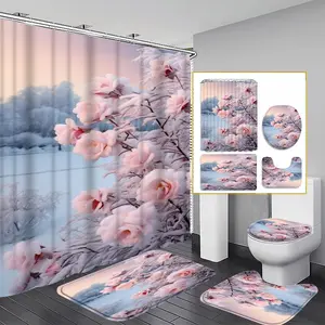 Waterproof Geometric Shower Curtain Set, U-Type Bathroom Decor, Includes Hooks & Non-Slip Rug, Boho Style Bath Accessories