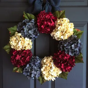 Vintage Color Artificial Hydrangea Plastic Door Decor Wreath, Patriotic Theme, July 4th Decoration, Independence Day Holiday Ornament