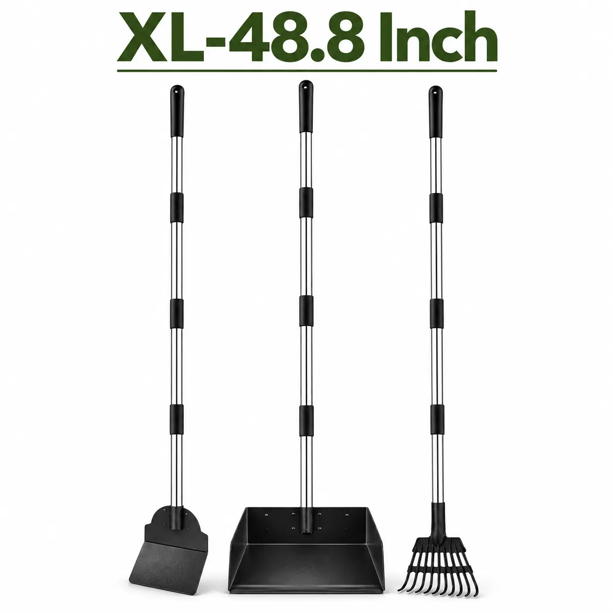 Dog waste scoop - 48in ultra-long handle adjustable rake-style tray, 9.5in oversized heavy-duty rustproof stainless steel pooper scooper, no-bend extendable 4-section design for lawn, gravel, dirt cleanup