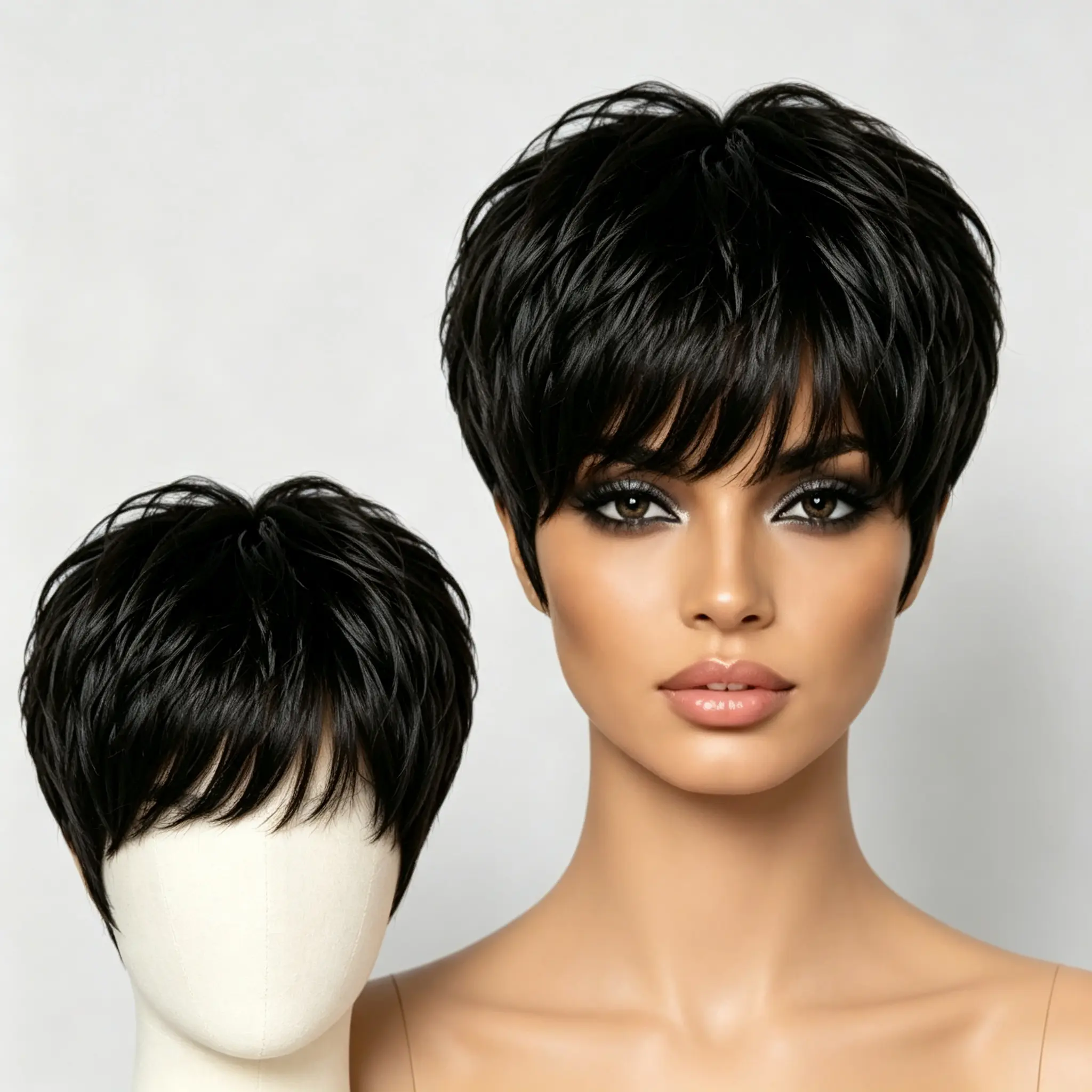 Synthetic Full Machine Wig, 6-Inch Black Layered Short Pixie Wig with Textured Hair & Full Bangs, Natural Ready-to-Wear for Daily Occasions