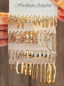 48pcs Bohemian Geometric Earrings Set with Imitation Pearls and Hollow Flower Design, Stylish Daily Wear and Party Jewelry for Women