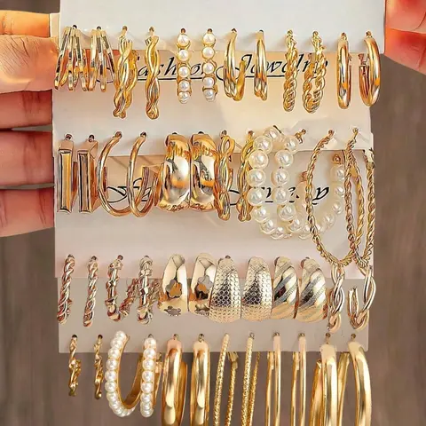 48pcs Women's Bohemian Geometric Earring Set with Imitation Pearls, Faux Pearl and Hollow Flower Design, Fashion Earrings, Stylish Jewelry for Daily Wear and Parties