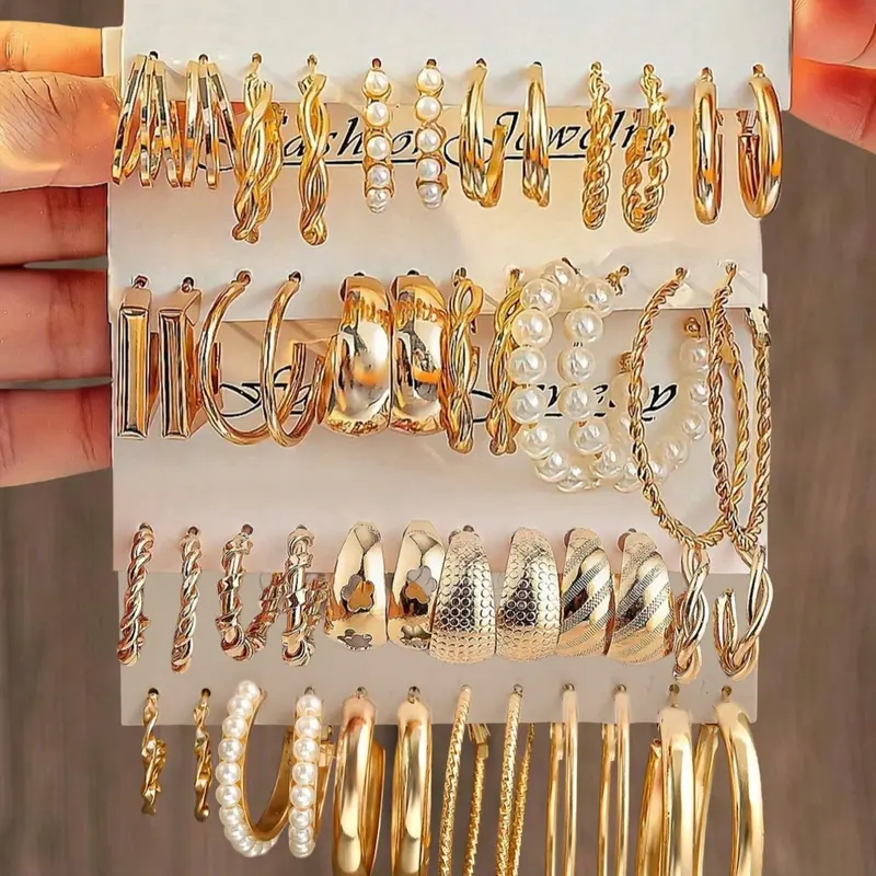 48pcs Women's Bohemian Geometric Earring Set with Imitation Pearls, Faux Pearl and Hollow Flower Design, Fashion Earrings, Stylish Jewelry for Daily Wear and Parties