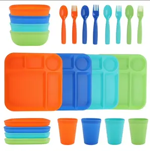 24-Piece Colorful Plastic Kids Dinnerware Set – Includes Trays, Plates, Bowls, Cups, Forks & Spoons (Orange, Blue, Aqua, Green)