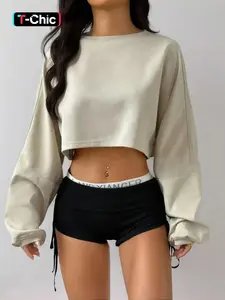 Trendy Fashion Short Sweatshirt Women Long Sleeve Cropped Top Loose Knitted Pullover Streetwear Knitwear Casual Home Wear Plain Minimalist Round Neck Knit Sweater Womenswear