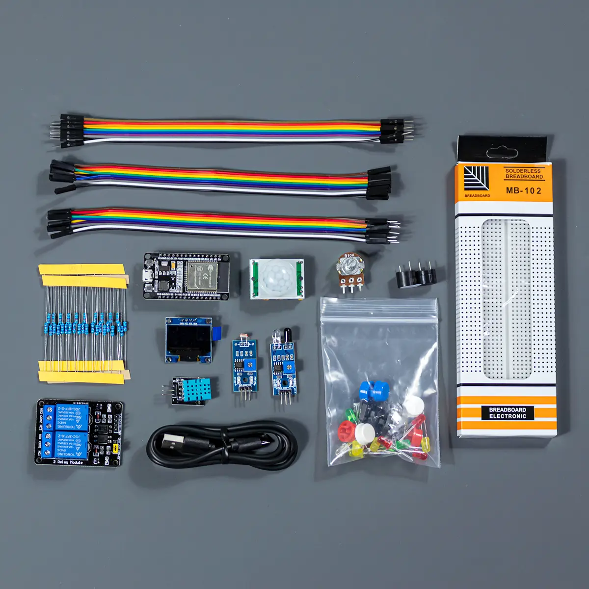Starter Kit with Sensors, Complete Electronics Learning Set for DIY Projects，Complete ESP32 Sensor Kit, WiFi Board with Breadboard and Accessories