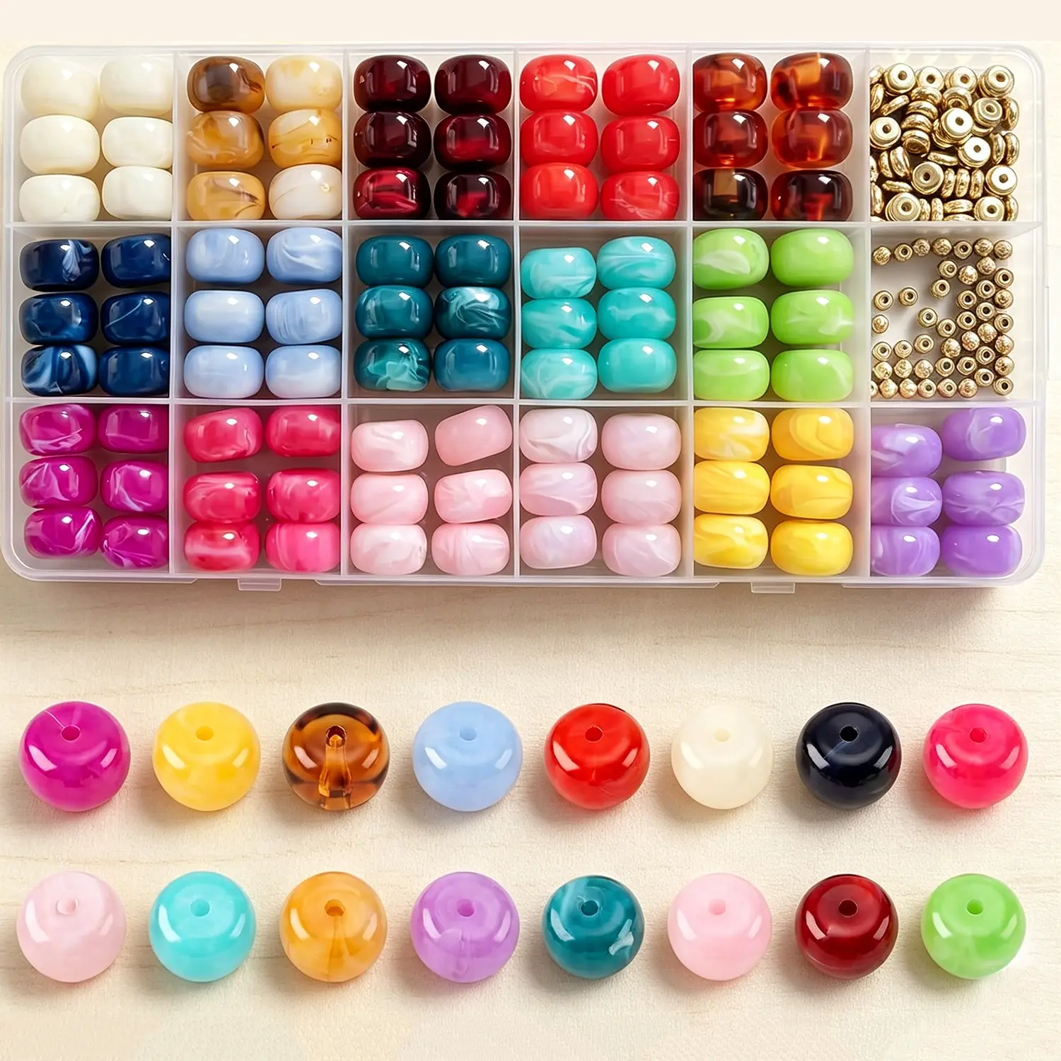 96Pcs 14mm Chunky Acrylic Beads for Keychains Jewelry Making, 16 Color Large Round Focal Beads with Gold Spacer Beads in Storage Box for DIY Beadable Pens, Bracelets, Bag Charms Crafts Supply