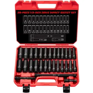 1/2" Drive Impact Socket Set, 29-piece, Cr-V-M steel deep sockets, SAE (3/8" - 1") and metric (10-24mm) sizes, equipped with extension rods, comes with a storage case