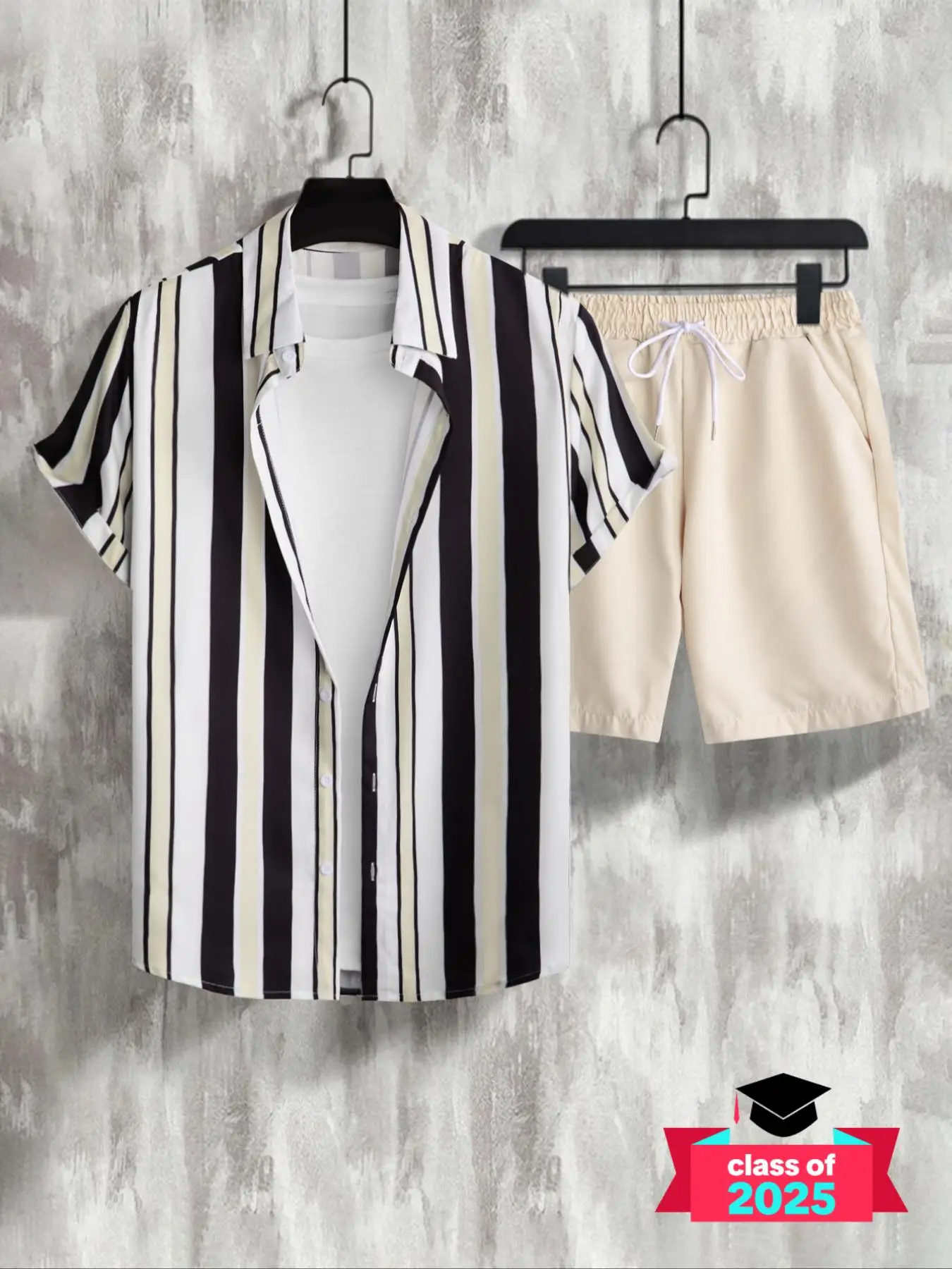 Two-Piece Set Men's Regular Fit Striped Print Shirt & Drawstring Pocket Shorts Set, Button Down Collared Shirt & Elastic Waist Shorts, Short Sleeve Ca