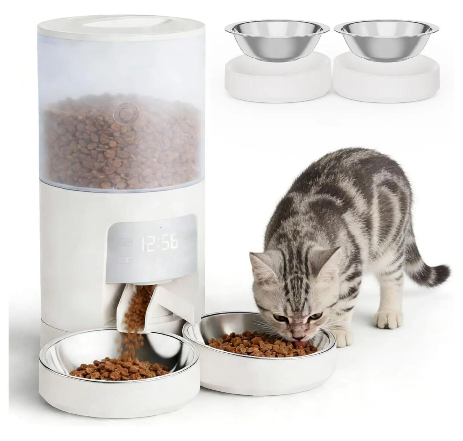 6L Automatic Cat Feeder with Timed Feed, Voice Recorder Device & Anti-Blockage Design - 304 Stainless Steel Bowls for 2 Cats, 6 Liters