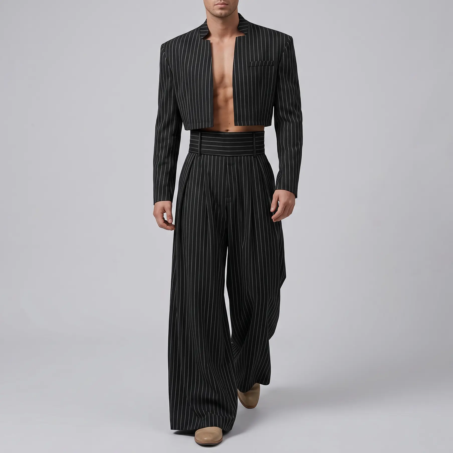 INCERUN Menswear 2-Piece Striped Suit Set - Long-Sleeve Open-Front Cropped Blazer, Cummerbund-Waist Wide-Leg Trousers, Going-Out Outfit