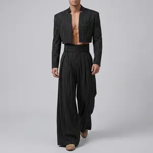 INCERUN Menswear 2-Piece Fashion Striped Suit Set - Longsleeve Open-Front Cropped Blazer, Cummerbund Waist Wide-Leg Trouser, Going Out Tops, Stylish Men's Clothing Outfits