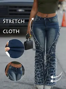 GILIPUR JEANS Women's High-Waisted Fringe Patchwork Jeans, Side Tassel Design, Fashionable Dark Wash Denim Jeans, Loose Fit, Zipper Fly, All Seasons