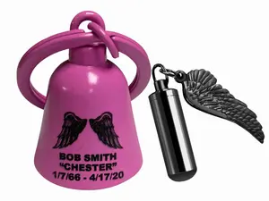 Custom Text Angel Wings Memorial Biker Bell With Keepsake Urn. Our custom bells are universal fit to all makes of motorcycles.