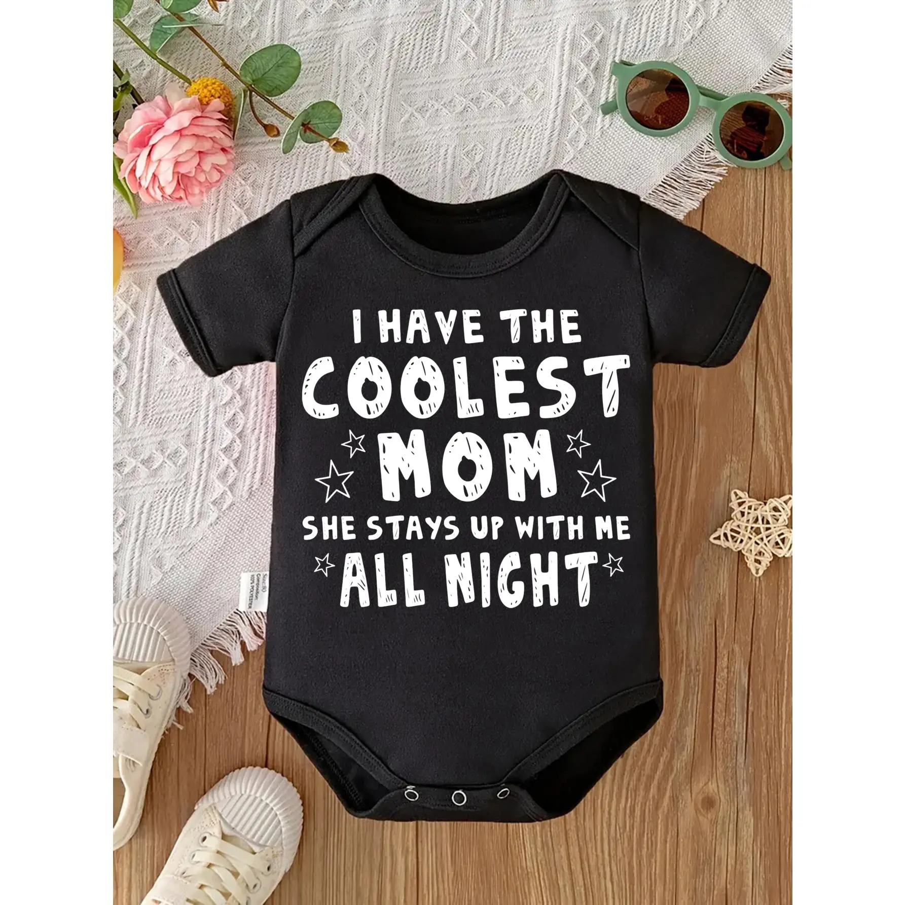 Cute Baby Bodysuit With Coolest Mom Stays Up With Me All Night Text Star Print Soft Versatile Round Neck Button Detail Regular Fit All Seasons Knitted Fabric Onesie For 0-12 Months