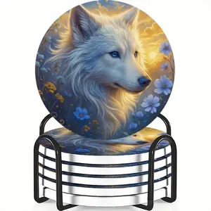 6-Piece Cup Mat Set Wolf Flower Ceramic Round Coaster Non-Slip Heat Resistant Coffee Drink Home Restaurant Decor Ideal Gift Birthday Holiday
